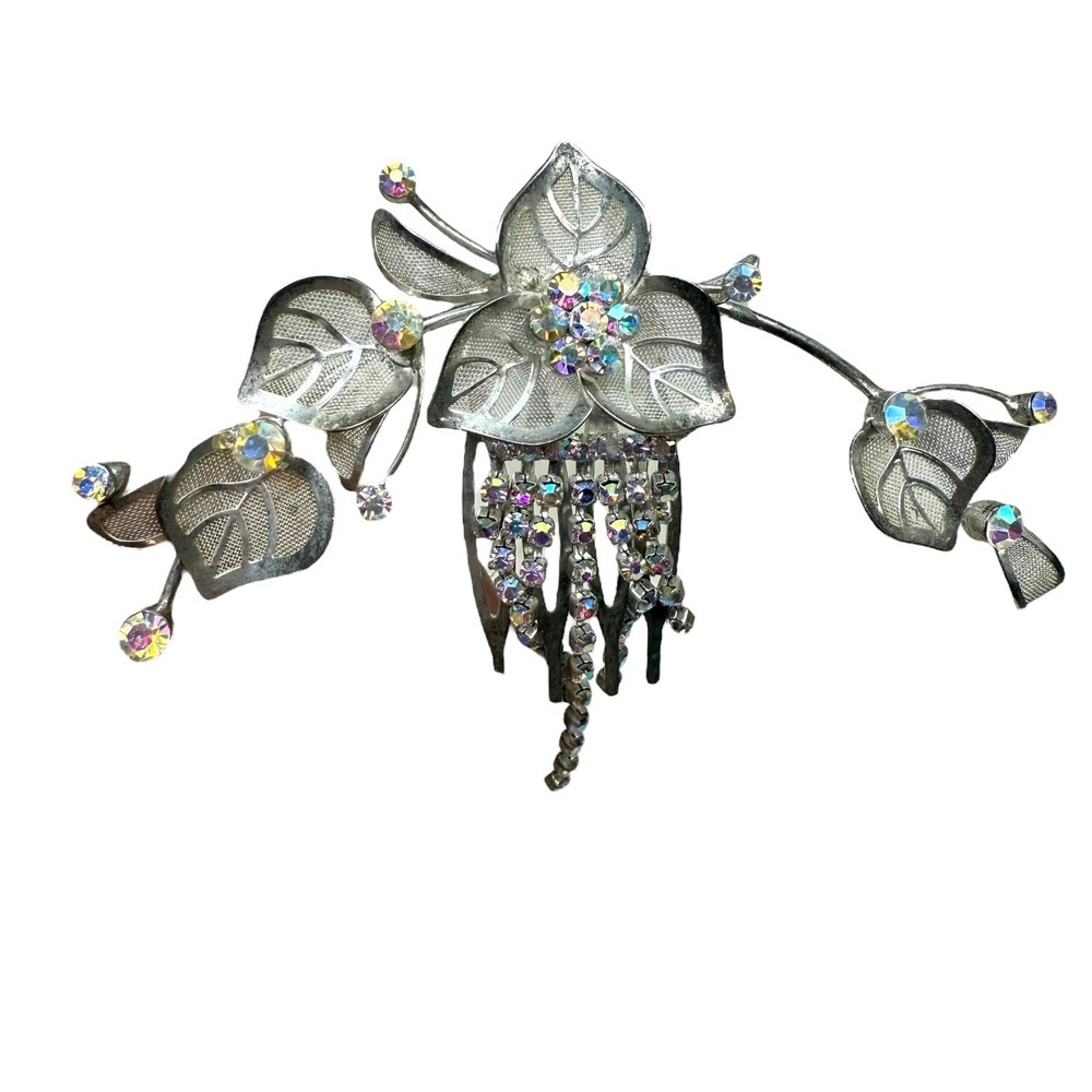 Silver Tone Mesh Flower Leaf Rhinestone Hair Comb Bridal Fashion Accessory